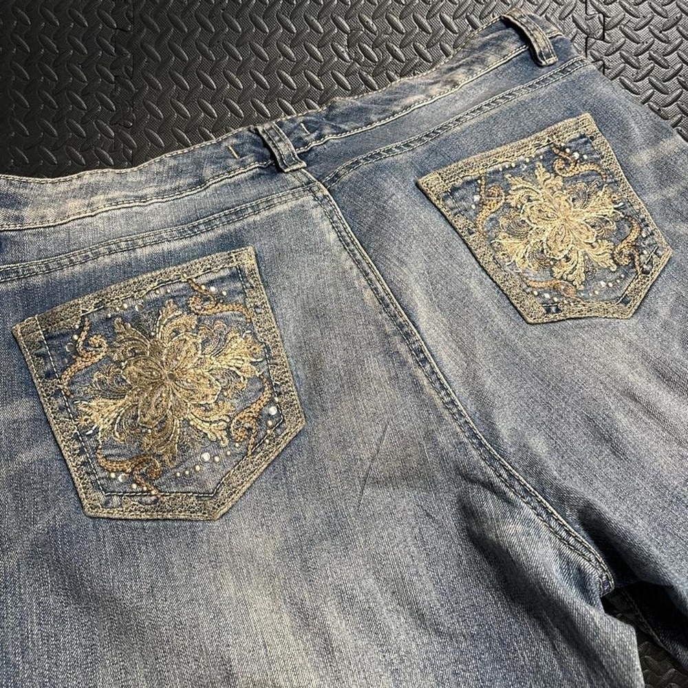 Y2K blue denim shorts with gold embroidery